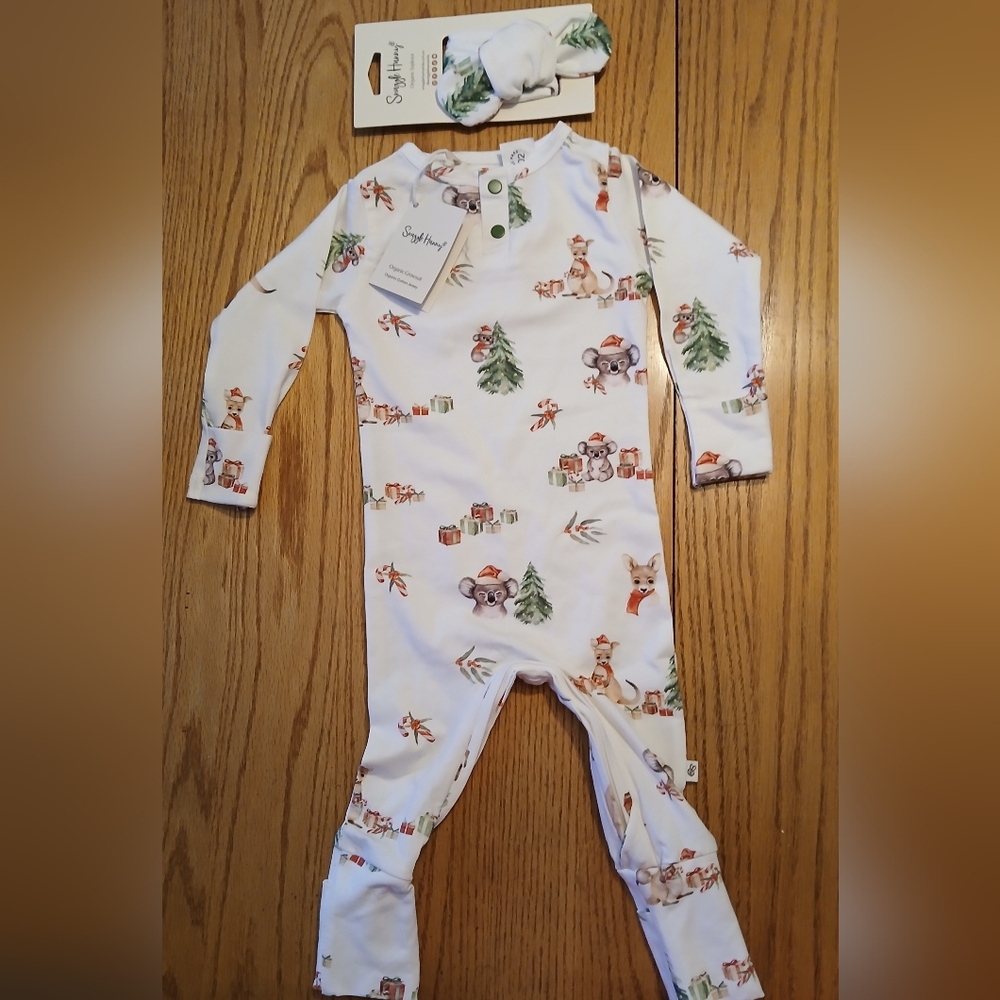 Snuggle Hunny NWT Size 3-6 Months. 13-18 Lbs Australian Christmas Growsuit W/bow